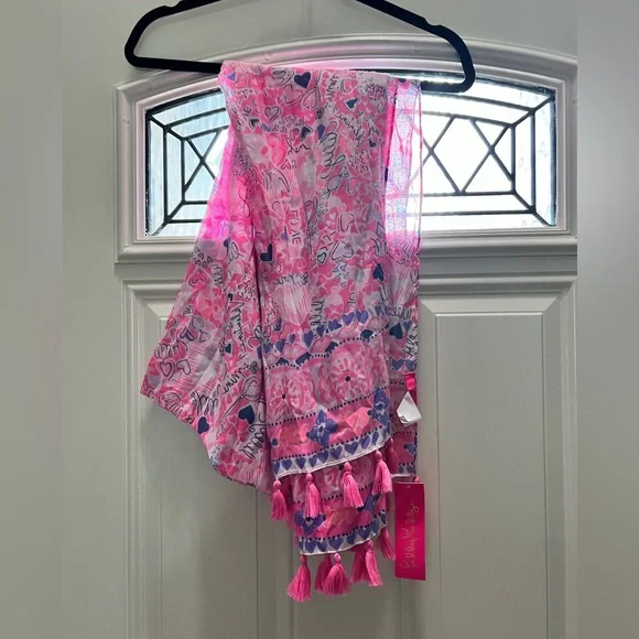 NWT Lilly Pulitzer Prosecco Pink Purple Lilac You A Lot Tassel Resort Scarf - Picture 3 of 4